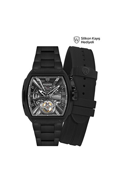 Wainer Otomatik Erkek Kol Saati 43 MM Safir Cam Siyah Metal ve Silikon Kordon...