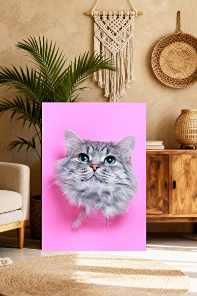 Mushen Studio Portret de pisică cu blană gri pe fundal roz - Artă de perete c...