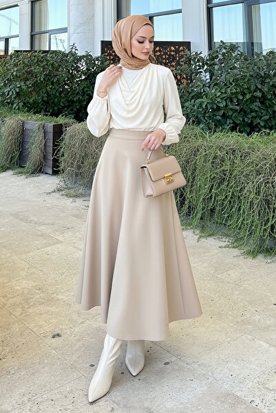 Salih Çelebi Fustă evazată Scuba 0023 - BEJ