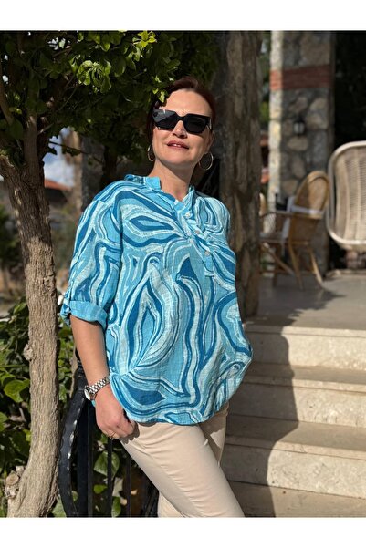 Punta Otantik Yg14020 Italian Three Buttons Cotton Linen Blouse Blue