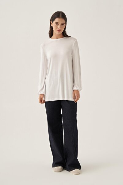 ALLDAY White-Crew Neck Cotton Blouse with Gathered Sleeves