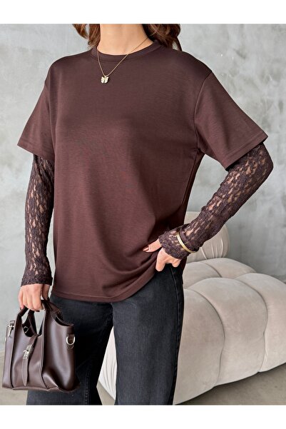 BEJNA Women's Lace Sleeve Oversize Modal Textured T-Shirt