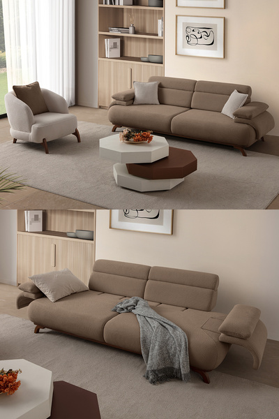 Eymense Bonjo Sırt Mekanizmalı Ceviz Kasalı Koltuk Takımı 3+1 Sütlü Kahve