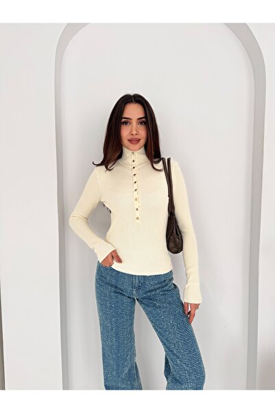 LA POMME Mock Neck Yellow Buttoned Knitwear Sweater Lp24135