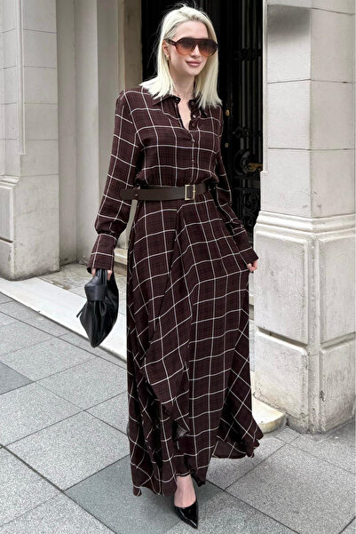Madmext Brown Plaid Patterned Belted Long Women's Dress Mg2716