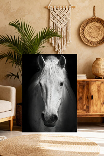 Mushen Studio Pictură portret cu cal alb - Artă de perete cu cal elegant în a...