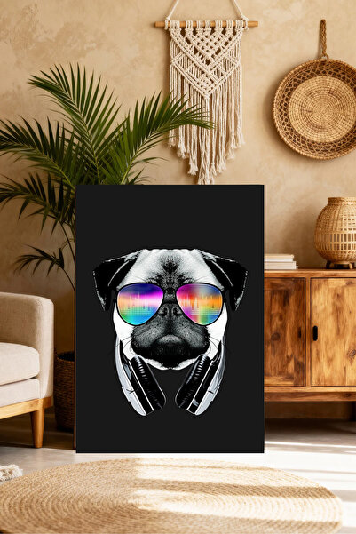 Mushen Studio Готин DJ мопс със слушалки, неонови очила, ретро картина на жив...
