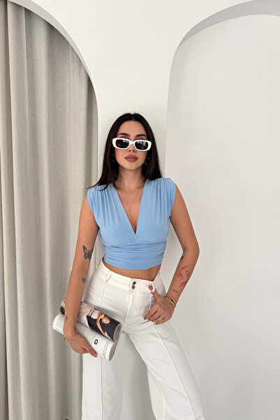 MİROR Women's Sleeveless Deep Neck Gathered Crop Blouse