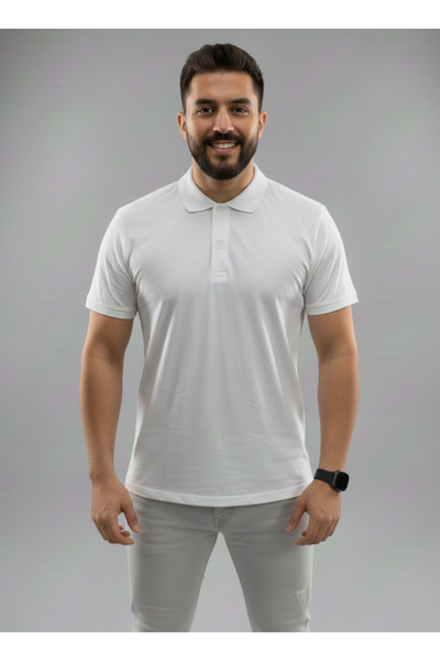 Alex Rosen Beyaz Polo Yaka Pamuklu Yarım Kollu Basic Düz Tişört