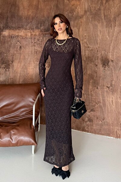 BEJNA Women's Lace Detailed Lined Tulle Dress