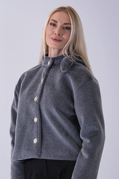 Rita Gri peluş Gold düğmeli bağlama detaylı kadın ceket