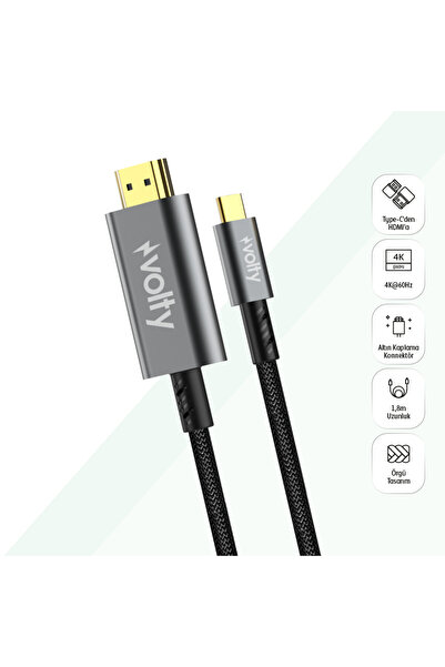 Volty Type-C to HDMI 4K 60Hz Görüntü Aktarıcı | 12Gbps, 1.8m, HDR, Örgü, Altı...