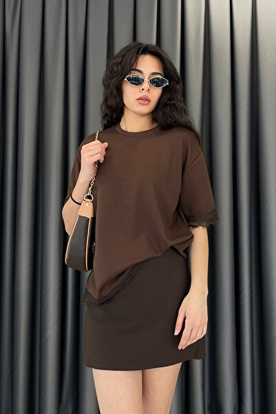 Noa&Noa Lace Detail Basic T-Shirt-Brown Brown