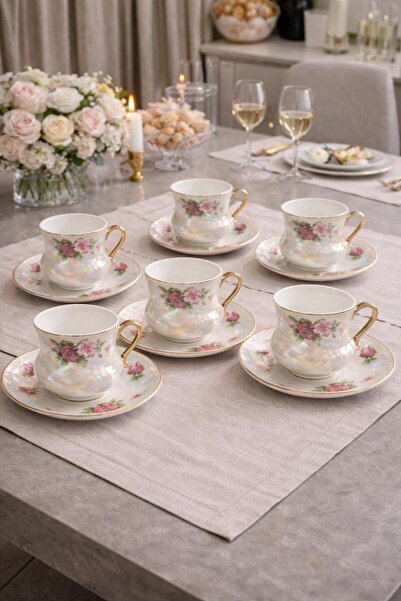 sonnenflügel Vintage Porselen 6'lı Kahve Fincanı Takımı Sedefli Beyaz Çiçek D...