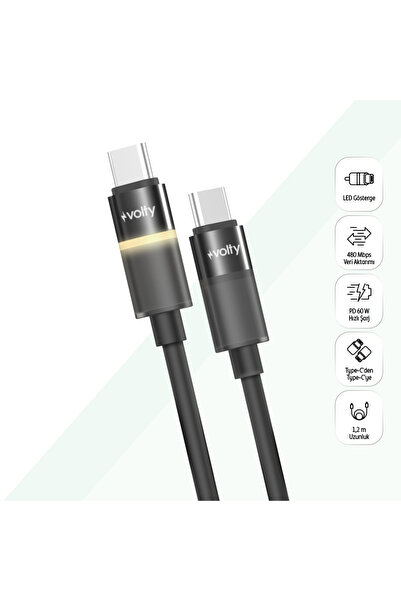 Volty Type C Hızlı Şarj Kablosu | Type-C to Type-C, 60W, 480 Mbps, 1.2m, PD, ...