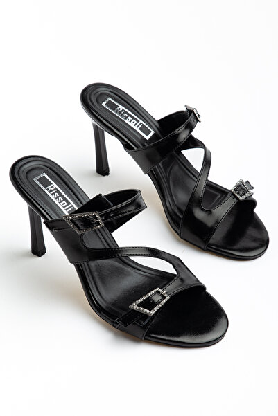 RİSSOLİ Women's Black Shiny Leather Double Buckle Detailed Heeled Slippers