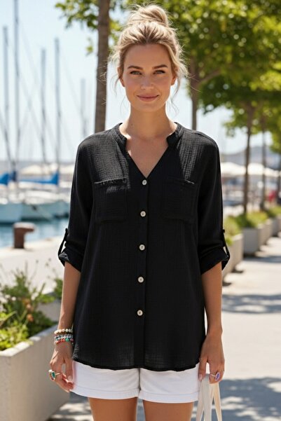 Chiccy Cămașă neagră cu guler în V, cu nasturi, mâneci 3/4, buzunare duble, c...