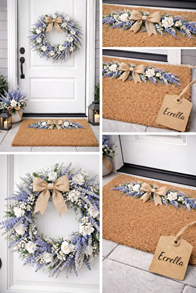 ecrella Lavanta & Beyaz Güllü Kapı Süsü ve Uyumlu Koko Paspas Seti – El Yapım...