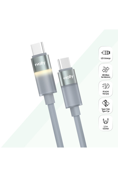 Type C Hızlı Şarj Kablosu | Type-C to Type-C, 60W, 480 Mbps, 1.2m, PD, Led Işıklı Gri V0201004