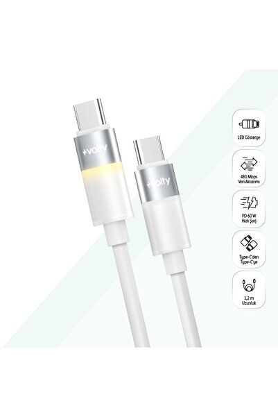 Volty Type C Hızlı Şarj Kablosu | Type-C to Type-C, 60W, 480 Mbps, 1.2m, PD, ...