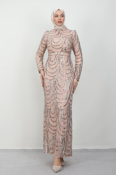 Lamia Giyim Kamelya İşlemeli Abiye Pudra