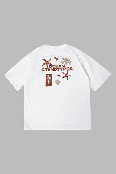 Bak Moda Tricou alb supradimensionat pentru femei, cu imprimeu Ocean Cyanotypes