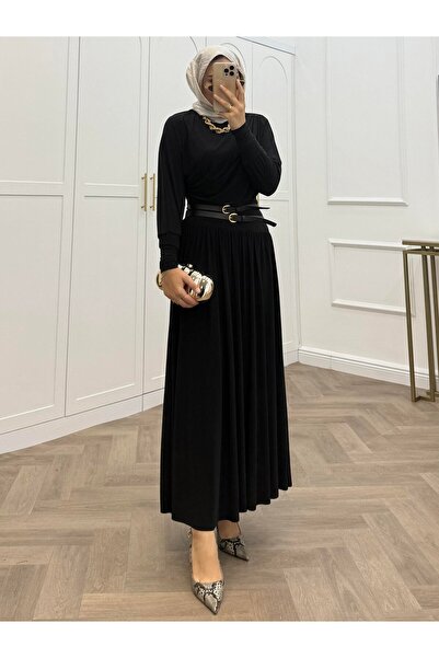 bezenstore KENDİNDEN KEMERLİ SANDY SİYAH ELBİSE
