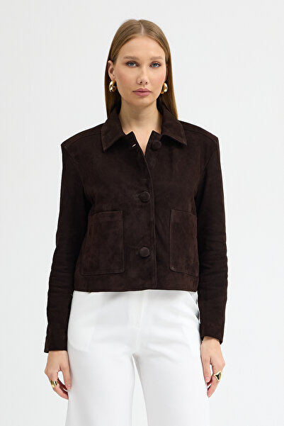 MALPcollection Kadın Hakiki Kahverengi Süet Deri Ceket 3 Düğmeli