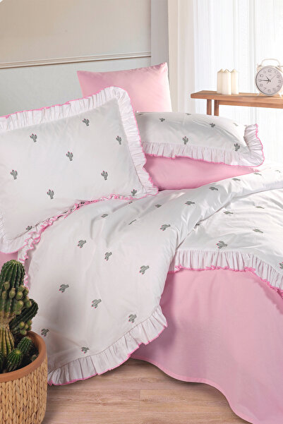 Nordqueen Set de lenjerie de pat cu volane brodate, 100% bumbac, Ranforce