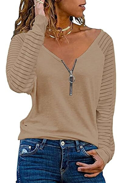 janteeshoes Bluză lejeră cu mâneci lungi, fermoar 3/4, maro M