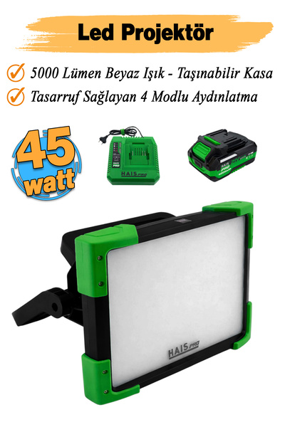 Hais Taşınabilir Akülü Solo Led Işıklı Projektör 5000 Lümen 45 W Güçlü Beyaz Işık Pro RB-SA5000
