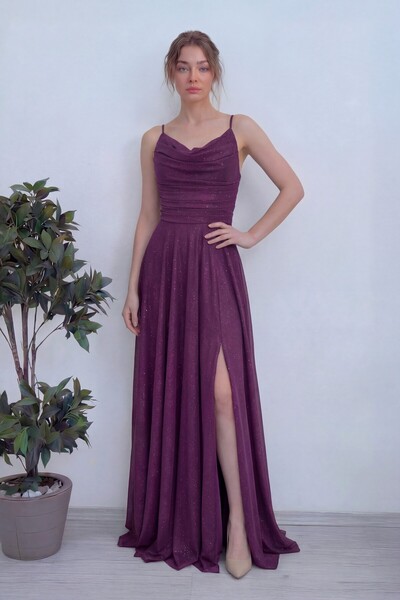 zks grup tekstil Women's Strappy Front Draped Slit Glitter Evening Dress in P...