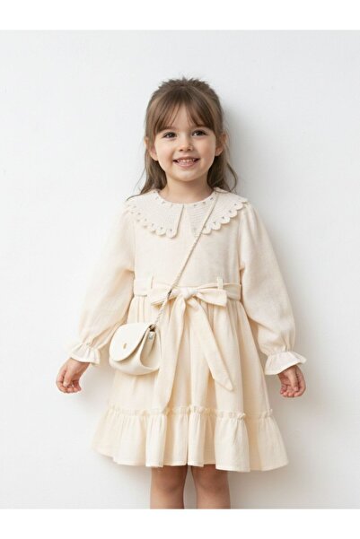 Cherrys Bebek فستان بناتي من القطن المجعد بياقة سوزين