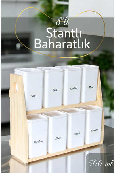 FeyzaDesign 8'li Ahşap Standlı Porselen Görünümlü Baharatlık Takımı ve Şeffaf...