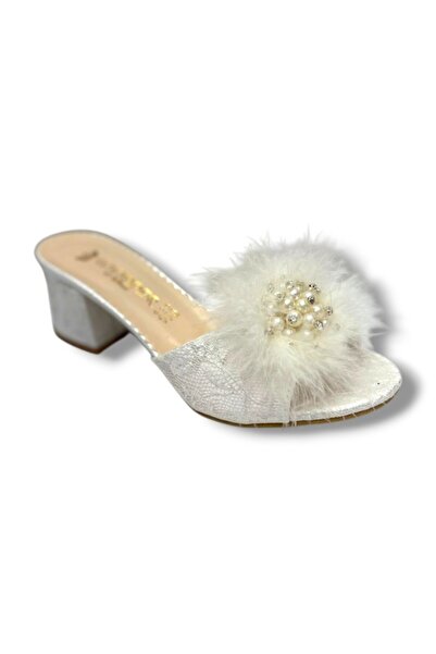 Whipper 9802-26 Papuci de damă cu toc gros, brodați cu perle și pietre, cu puf