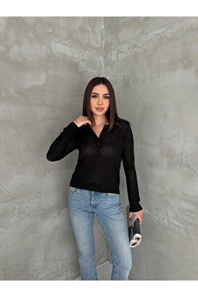 LA POMME Polo Collar Perforated Half Placket Buttoned Knitwear Blouse Lp66016