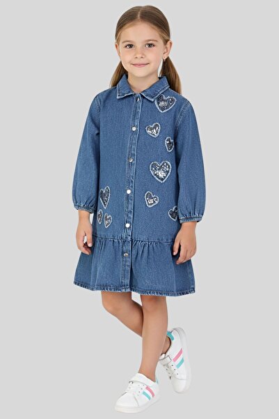 ww waka waka kids store Λαμπερό Τζιν Φόρεμα για Κορίτσια με Λεπτομέρεια Καρδι...