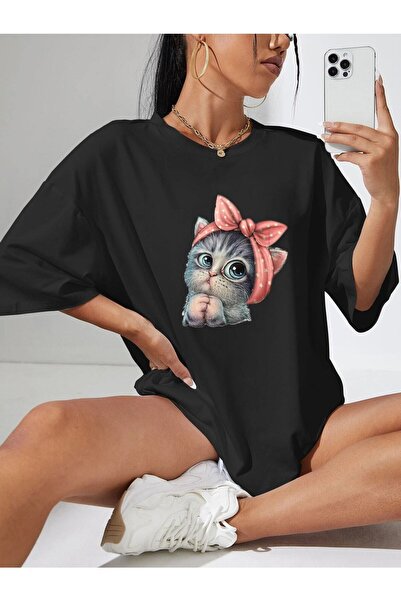 MODAVİBE Tricou cu imprimeu cu pisici drăguțe pentru femei, din bumbac cu tex...