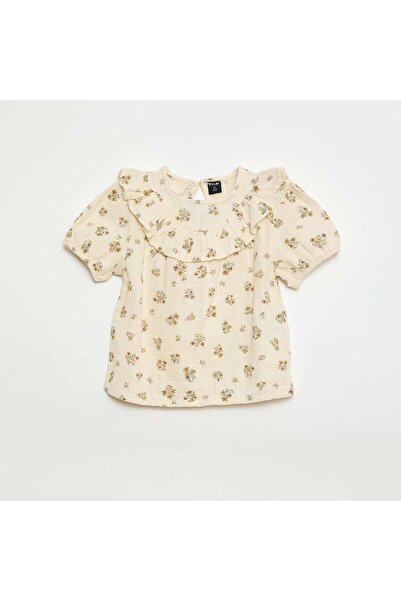 KIABI Short-Sleeve Cotton Gauze Print Blouse BEIGE