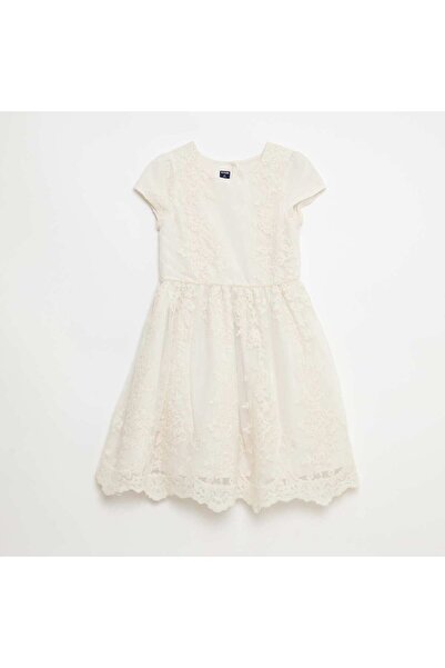 KIABI Solid English Embroidery Tulle Dress WHITE