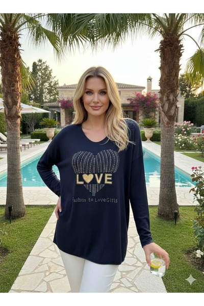 Punta Otantik Yg27040 Love Written Stoned Italian Knitwear Blouse Navy Blue