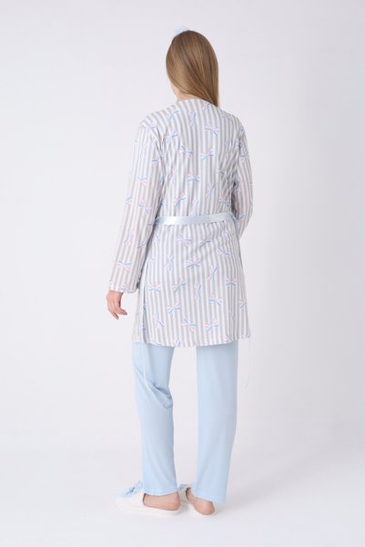 ERDENİZ TEKSTİL Maternity Pajama and Dressing Gown Set 3-Piece – Maternity Pajamas with Crew Neck, Striped Pattern, Cotton Viscose