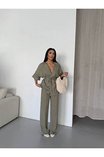 She Combines Women's Green Striped Linen-Look Kimono Set - Relaxed Fit Flowy ...