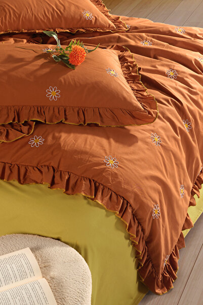 Nordqueen Set de lenjerie de pat cu volane brodate, 100% bumbac, Ranforce