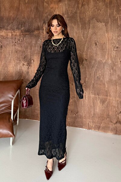 BEJNA Women's Lace Detailed Lined Tulle Dress