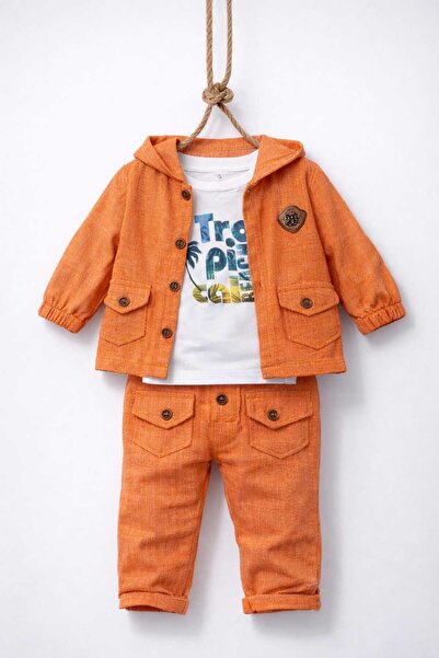 neocotton Baby Boy Hooded Linen Shirt Pants Sweatshirt 3-Piece Set