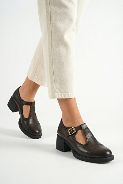 GRADA Kahverengi Hakiki Deri T Bantlı Kadın Topuklu Ayakkabı Günlük Klasik Ta...