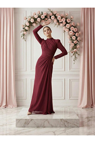 Hakimoda فستان سهرة من الشيفون اللامع من سيلفين باللون العنابي