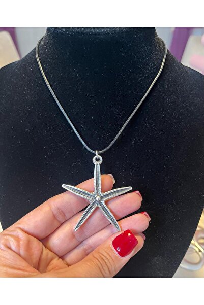 Vintage Takıhane Silver Siyah Deri İpli Bohem Tarz Deniz Yıldızı Tasarımlı Kolye