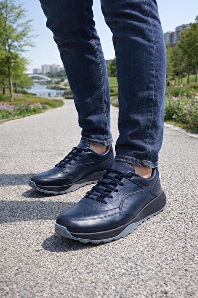 PATRICK CASSA Men's Navy Blue Leather Sports Shoes Lace-Up Lightweight Comfor...